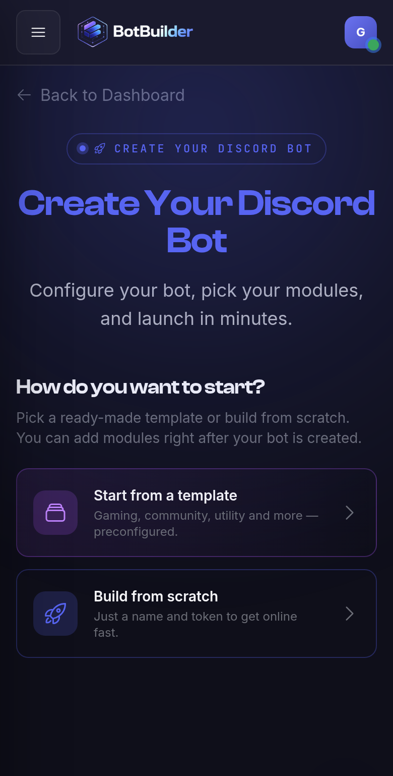 Create Bot at 390 pixels, showing Start from a template and Build from scratch.