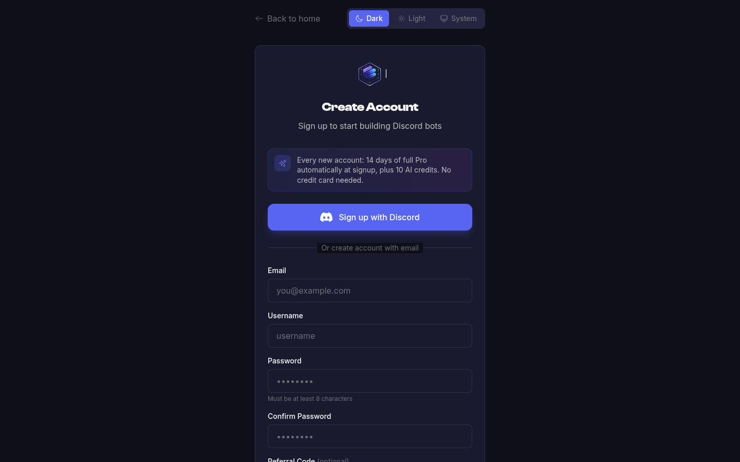 Registreringsskärmen i Build Discord Bots